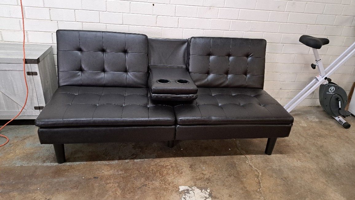New Modern Futon Sofa With Cup Holders Faux Leather Brown Dimensions Pictures