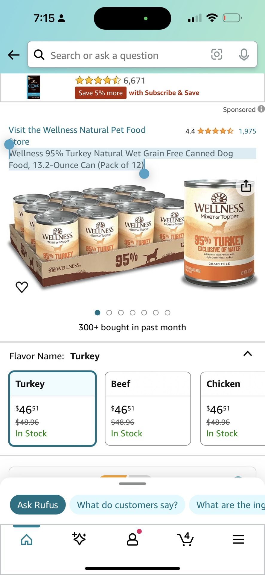 Wellness 95% Turkey Natural Wet Grain Free Canned Dog Food, 13.2-Ounce Can (Pack of 12) $30