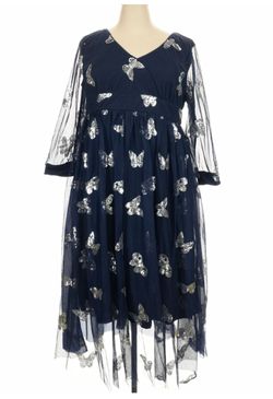 Navy Blue Mesh Midi Dress with Silver Butterflies