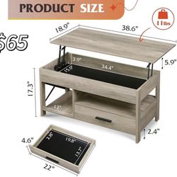😀 Coffee Table, 39" Lift Top Coffee Table with Hidden Compartment, Storage Drawers and Storage Shelf for Living Room, Reception Room, Grey
