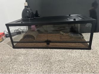 Thrive 30 gallon front opening reptile terrarium w/ heat lamp and ceramic bulbs, large faux log reptile hide