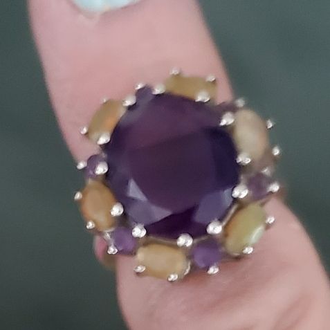 Sterling Silver Ring Size 7 Large Amethyst Stone With 6 Etheopian Opals 