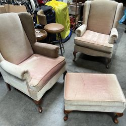 Two Chairs And Ottoman. Real Wood 🪵 Vintage Items. Needs New Cover Upholstery Work Done. Pick Up In A Truck In Torrance 90502