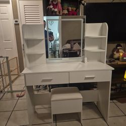 Vanity (White) Mirror Lights Up. Bought New Stool Because It Has Storage. Excellent Condition!