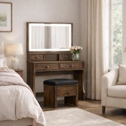 Vanity Desk with LED Lighted Mirror & Power Outlet, Makeup Vanities Table with 4 Drawers,Storage Bench,for Bedroom brown