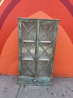 Vintage Solid Wood Glass Display Cabinet | Rustic Distressed Finish