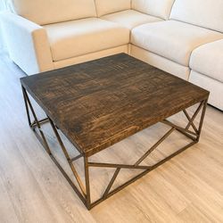 Large Square Rustic Wood Coffee Table with Geometric Metal Base