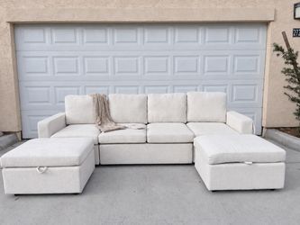 Beige Sleeper Sofa with Storage Ottomans