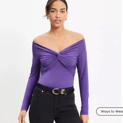 Loft Ann Taylor Knot Off The Shoulder Knit Top Blouse Shirt Long Sleeve Purple