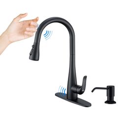 Touch on Kitchen Faucet with Soap Dispenser and Pull Down Sprayer - Single Handle Kitchen Sink Faucet, 1 or 3 Hole Design for Modern Farmhouse Kitchen