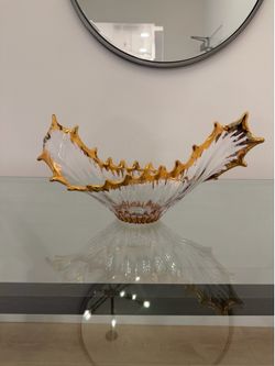 Signed Cofrac France Mid Century Free Form Crystal Art Glass Centerpiece Bowl 22” Gilt