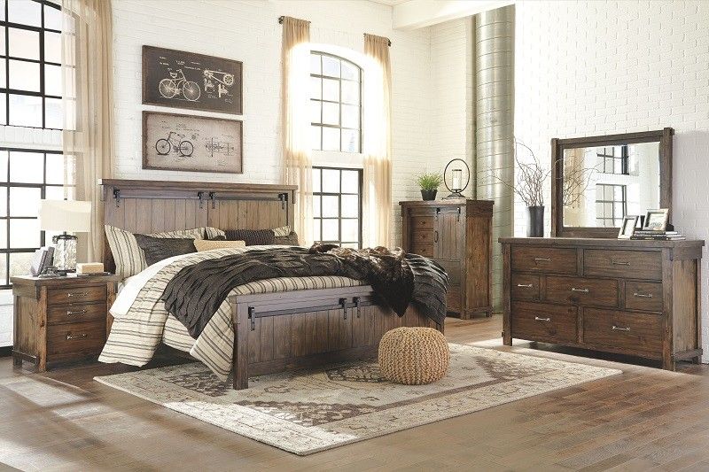 BROWN-7PC-DRESSER MIRROR QUEEN PANEL BED 2 NIGHTSTANDS