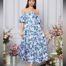 blue dress for baby girl Angel Maternity Shoulder Tie Maternity Maxi Lilliana Dress in Blue Print main image 1