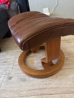 Brown Leather Ottoman with Wood Base