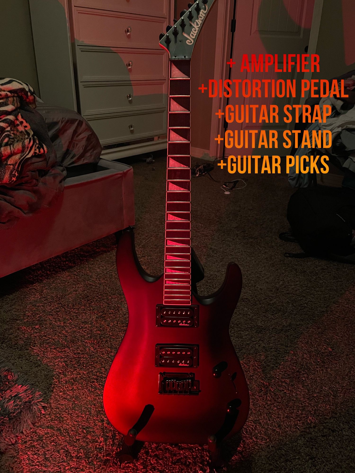 Jackson Dinky JS22 Guitar + Marshall MG10G Amplifier + Distortion Pedal + Guitar Strap + Guitar Stand + Guitar Picks