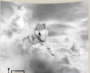 Grey Wolf Cool White Clouds Fantasy Mountain Wall Tapestry 37"× 28"
