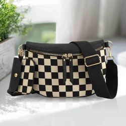 Women Retro Checkerboard Sling Waist Bag, PU‑Spliced Canvas Crossbody Fanny Pack, Wide Strap Trendy