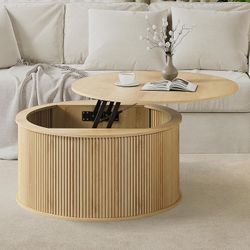 Lift Top Coffee Table, Fluted Round Coffee Table with Storage, Farmhouse Center Dining Table Circle Table for Living Room, Apartment, Home Office (Nat