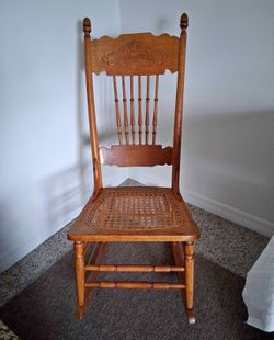 Antique Oak Pressed-Back Rocking Chair - Excellent Cane Seat