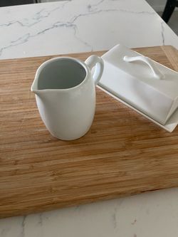 White Ceramic Creamer and Butter Dish Set