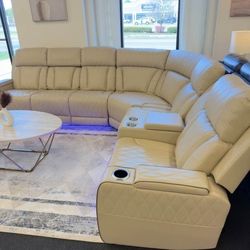 New Power recliner sectional sofa Beige Leather with LED movie couch