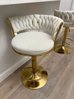 White Velvet Bar Stools with Gold Base – Set of 2