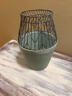 Sage Green Heavy Ceramic Pot with Metal Wire Cage. Read description 1st