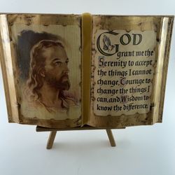 Vintage W.E. Salman Open Decoupage Bible Decor With Serenity Prayer  + Gold Stand —Copyright 1935