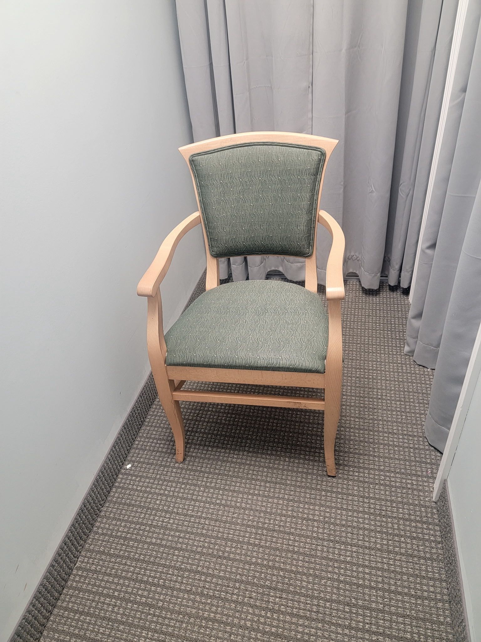 4 Green Fabric and Wood Chairs