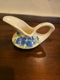 Handmade Pottery Pitcher – Signed – Blue Floral – 3”