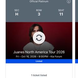 2 Floor seat Juanes Concert Tickets Oct 16 @ Kia Form