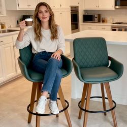 Set of 2 Mid-Century Modern Swivel Bar Stools - Green & Walnut