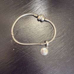 Authentic Pandora Sterling Silver Bracelet with Heart Clasp + Dangle Charm