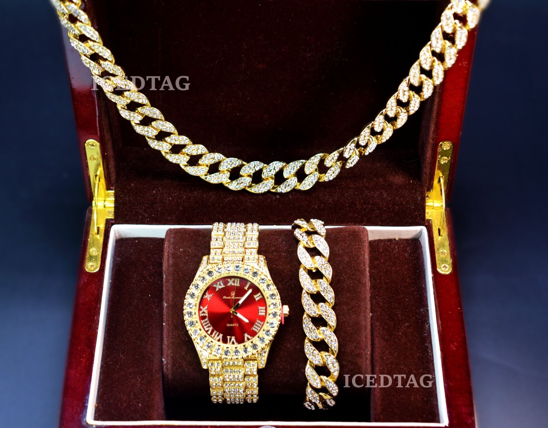 24” Necklace, Bracelet, Full Iced Out Watch Set