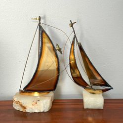 Vintage Authentic Mid Century Modern MCM Signed DeMott Brass Pair Of Sailboats On Quartz Stone With Seagull Bookends Decor