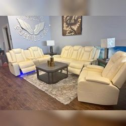 3 Pieces white breathing leather recliner sofa set