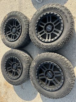 Black Vision Wheels and Goodyear all terrain tires 18” Rims 6 lug 6x5.5 bolt pattern 6x139.7 will fit Chevy Silverado GMC Sierra Toyota Tacoma Tundra 