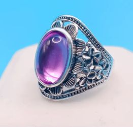 Size 9 Flower Vintage Fashion hollow Silver Plated band Ring purple oval Ston For Women