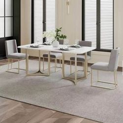 New White Faux Marble Dining Table With Metal Base 