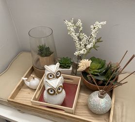 Home decor owl, faux succulents cactus flowers