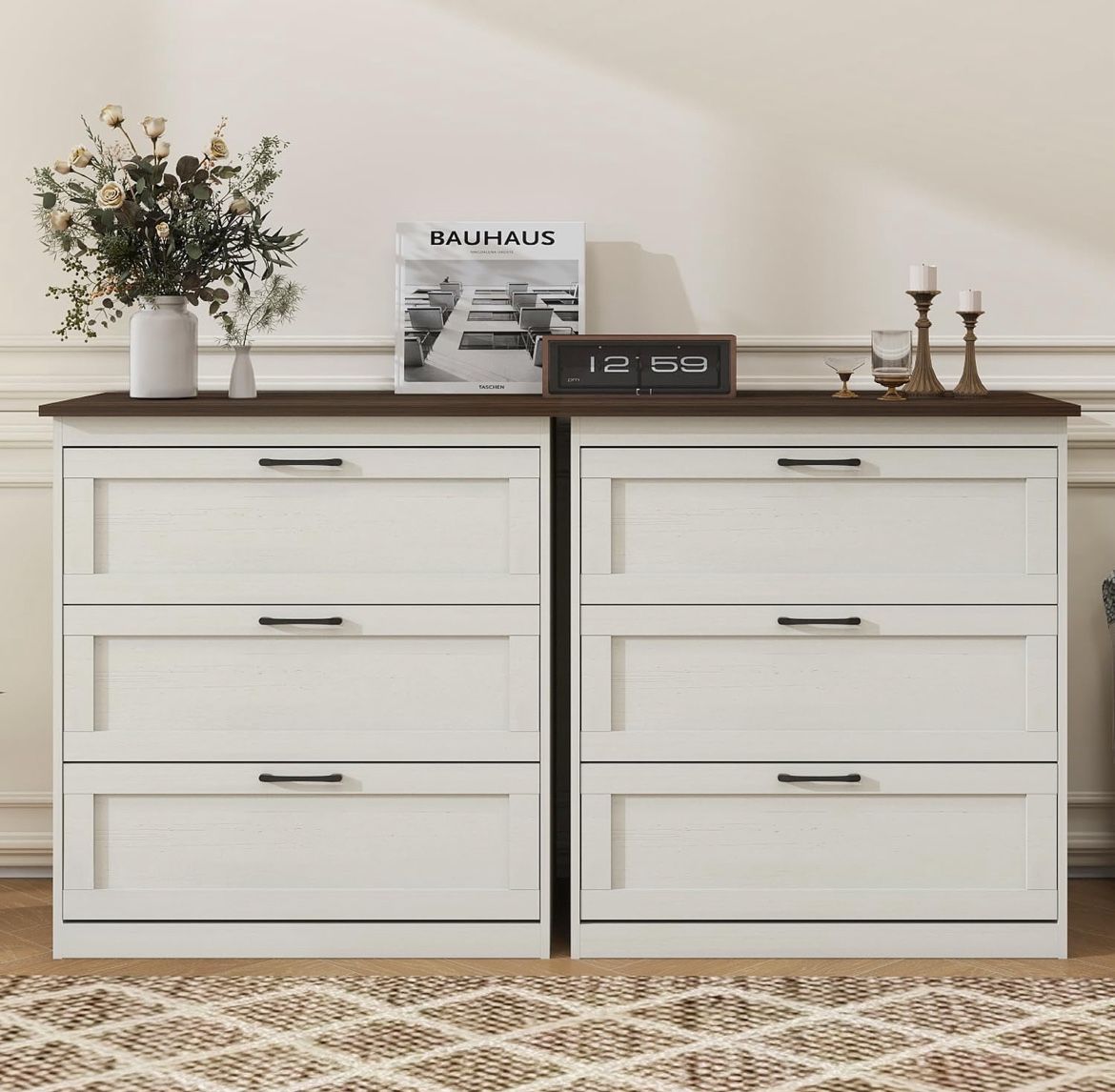  Set Of 2, 3 Drawer Dresser for Bedroom, Farmhouse Wood Dresser with Vintage Handle, Modern Small Dressers Storage Organizer