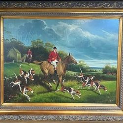 Jack Smith Signed Large Oil Painting On Horse with Hounds