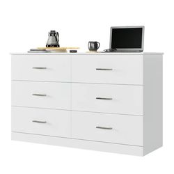 6 Drawer White Double Dresser, Wood Storage Cabinet with Easy Pull Out Handles for Living Room, Chest of Drawers for Bedroom