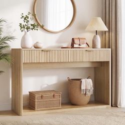 47" Fluted Console Table for Entryway with 2 Large Drawers, Oak