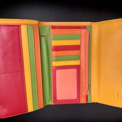 Never Used Mywalit Tri Fold Wallet,  Snap Close Zip Pocket Multicolor 8”x 5”