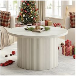 ONBRILL 31.5" Round Coffee Table, Tambour Design Coffee Tables for Living Room, Mid Century Modern Wood Coffee Table, Drum Accent Small Cente