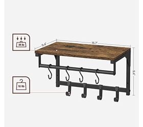 Vasagle Laundry Room Shelf Wall Mounted, Coat Rack Shelf, with 8 Removable Hooks