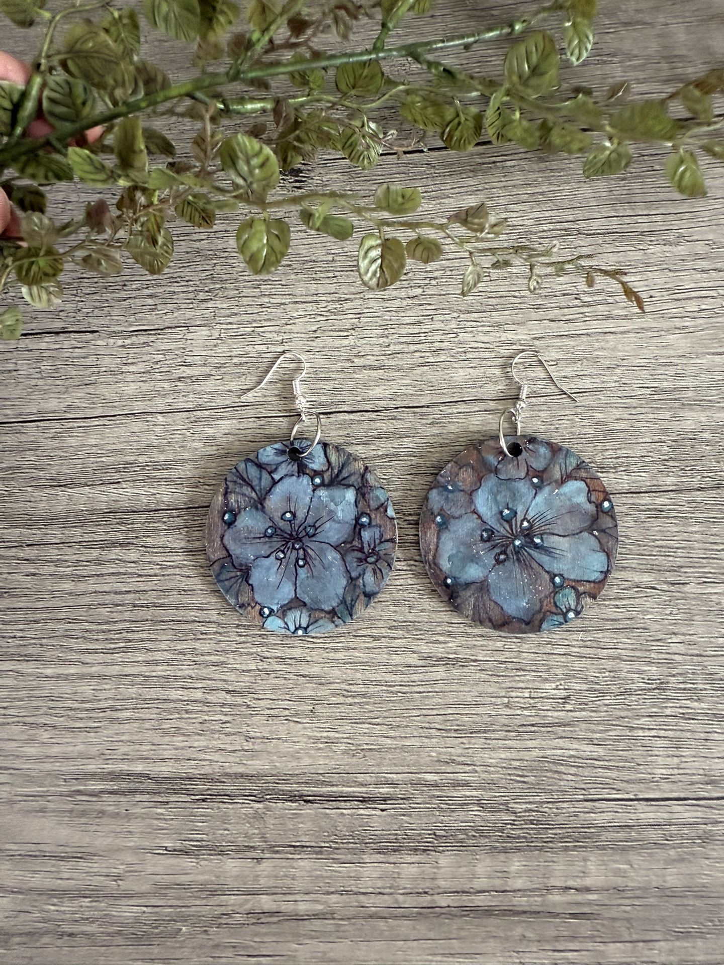 Blue Floral Hand-Painted Wood Earrings: Boho Statement Jewelry