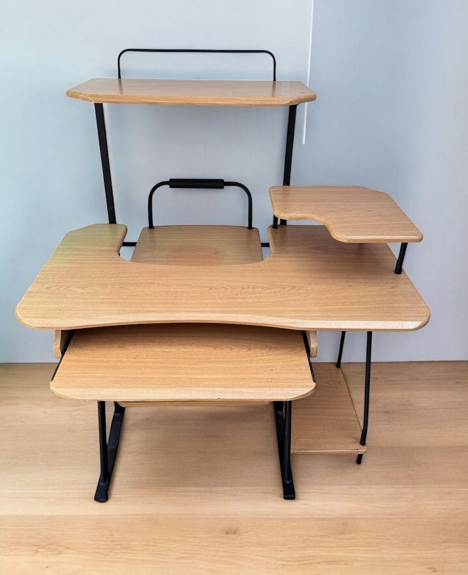 Modern computer / workstation desk w/2-tier hutch on wheels . 43 W x 35 deep x 30 1/2 H x (50 hutch. )