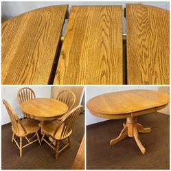 36” Round Dining Table with 4 Chairs and Leaf. 48” Dining Table with Leaf. Solid Wood Pedestal Table